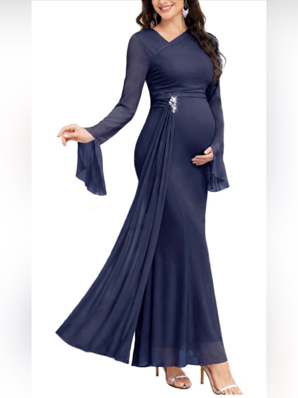 Maternity Formal Dress Ruched Mesh Maxi Gown with Long Split Bell Sleeve NWT